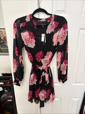 Banana Republic Black Sheer Long-Sleeve Floral Tie-Waist Dress